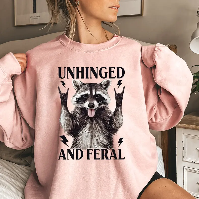 Women's Cotton Long-Sleeve Hoodie Pullover - Unhinged Feral Raccoon Funny Vintage Graphic, Solid, Comfortable Breathable Fabric, Loose Casual Fit Long Sleeve Tops Women, Unisex Fall & Winter Wear