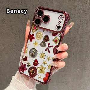 Phone Case for iPhone 17 16 Pro Max 15 Plus 14 13 12 11 E Air Treasure Ornament Array Pattern Premium Plated Cover Casing Clear Protective Four Corners Air Cushion Anti-drop