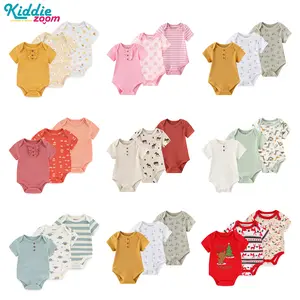 Kiddiezoom 3 Pack Baby 100% Cotton Cute Short Sleeve Bodysuits Set 0-12 Months