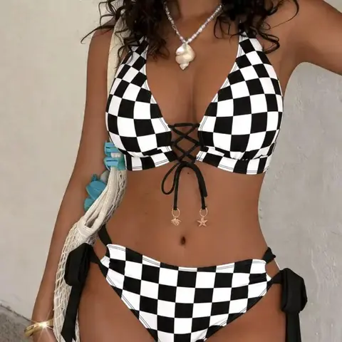 Plaid Print Women Two Piece Swimwear Adjustable Front Tie Structure Soft Comfortable Beach Outfit Simple Practical Bathing Suit for Seaside Vacation Pool Party And Daily Water Activity Wear
