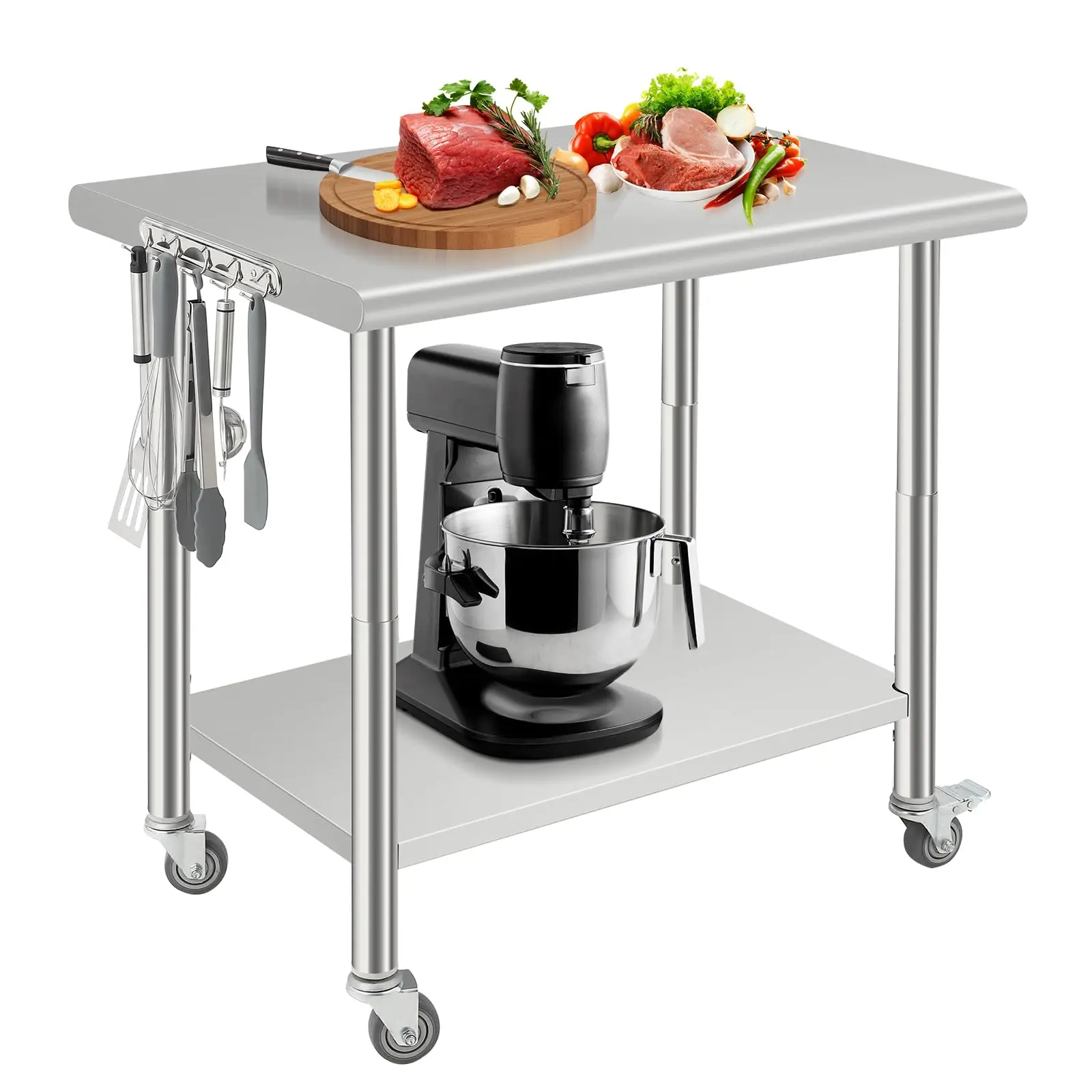 GARVEE 36x24 Inch Stainless Steel Table for Prep & Work, Heavy Duty Food Prep Worktable with Caster Wheels, Hooks and Adjustable Shelf for Commercial Kitchen, Garage, Restaurant
