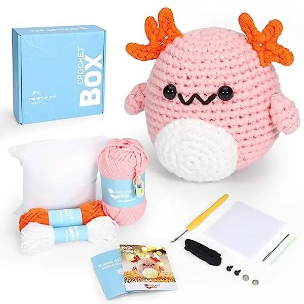 CrochetBox Crochet kit for Beginners Axolotl - Starter Amigurumi Set, Crochet Axolotl, All You Need in, Step by Step Video Tutorials, Instructions, Bi