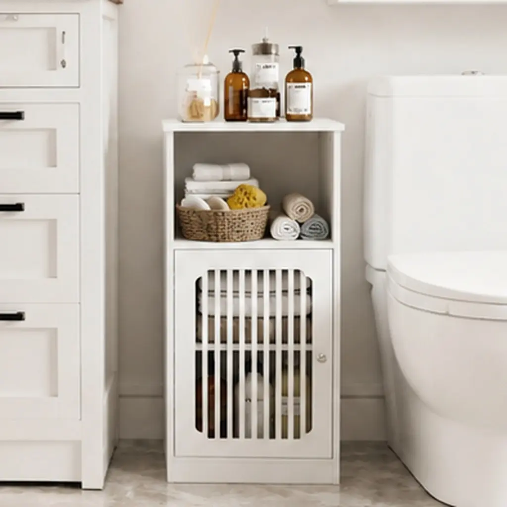 White Bathroom Floor Storage Cabinet with Louvered Doors, Freestanding Low Cabinet with Open Shelf and Enclosed Storage, Moisture-Resistant MDF and Particleboard, 33.85" H x 11.81" W x 14.17" D, for Bathroom, Entryway, Kitchen
