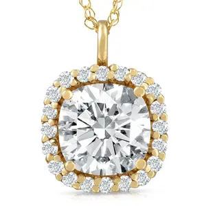 3 5/8 Ct Cushion Moissanite & Lab Grown Diamond Halo Pendant 14k Gold Necklace