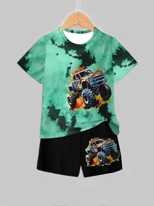 Dye Monster Truck Kids' Clothing, Summer Breathable Sports Set, Fitted Short Pants, Casual Regular Length Top