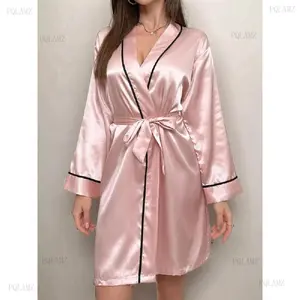 2026Women's Contrast Binding Belted Kimono Robe, Princess Robe, Dressing Gown for Women, Soft Bride's Robe for Honeymoon Wedding Bridal Party, Women's Sleepwear, Loungewear