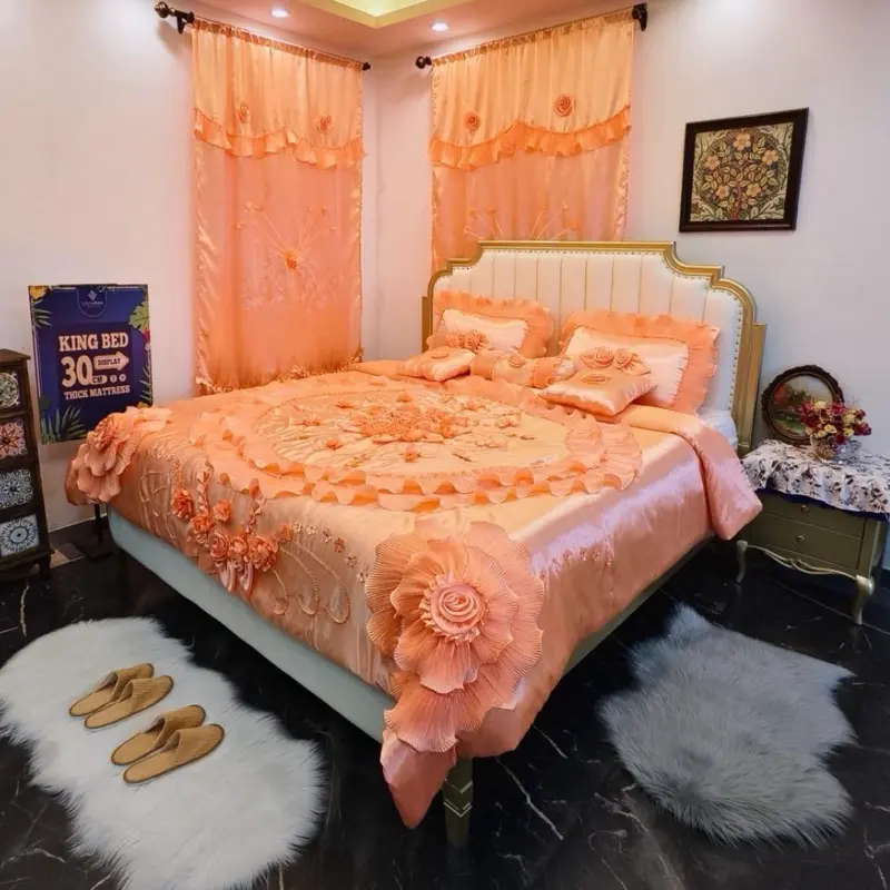 Luxury Peach Floral Ruffle Bedding Set – Elegant Bedroom Decor (King/Queen)