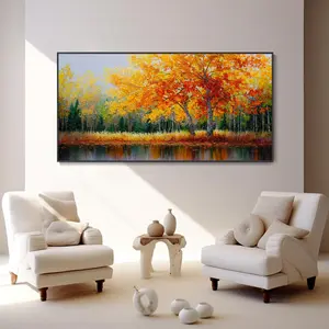 [Sale off up to 40%] [Frame Canvas] Autumn Forest Hand Canvas Oil Painting Soft Colorful Trees Texture Wall Art Abstract River Forest Nature Landscape Modern Boho Farmhouse
