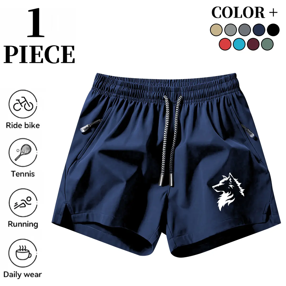 Unbranded Men's S/M Athletic Shorts, 3-Inch Athletic Cut with Wolf Head Print, Quick Dry Breathable Activewear with Pockets for Biking & Running, Polyester, Quads