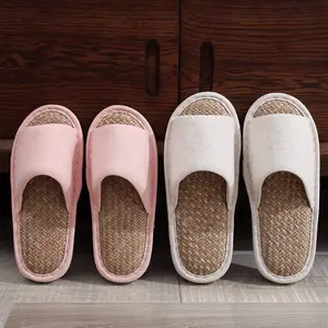 Japanese Linen & Grass Weave Slippers for Men Women, Breathable Indoor House Slippers for Wood Floor