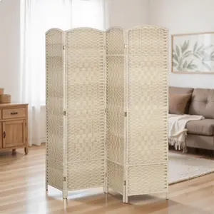 Washed Oak Folding Room Divider - 4-Panel, 6' Tall Freestanding Wood Privacy Partition for Home Office, Bedroom, with Sunscreen Shading Function
