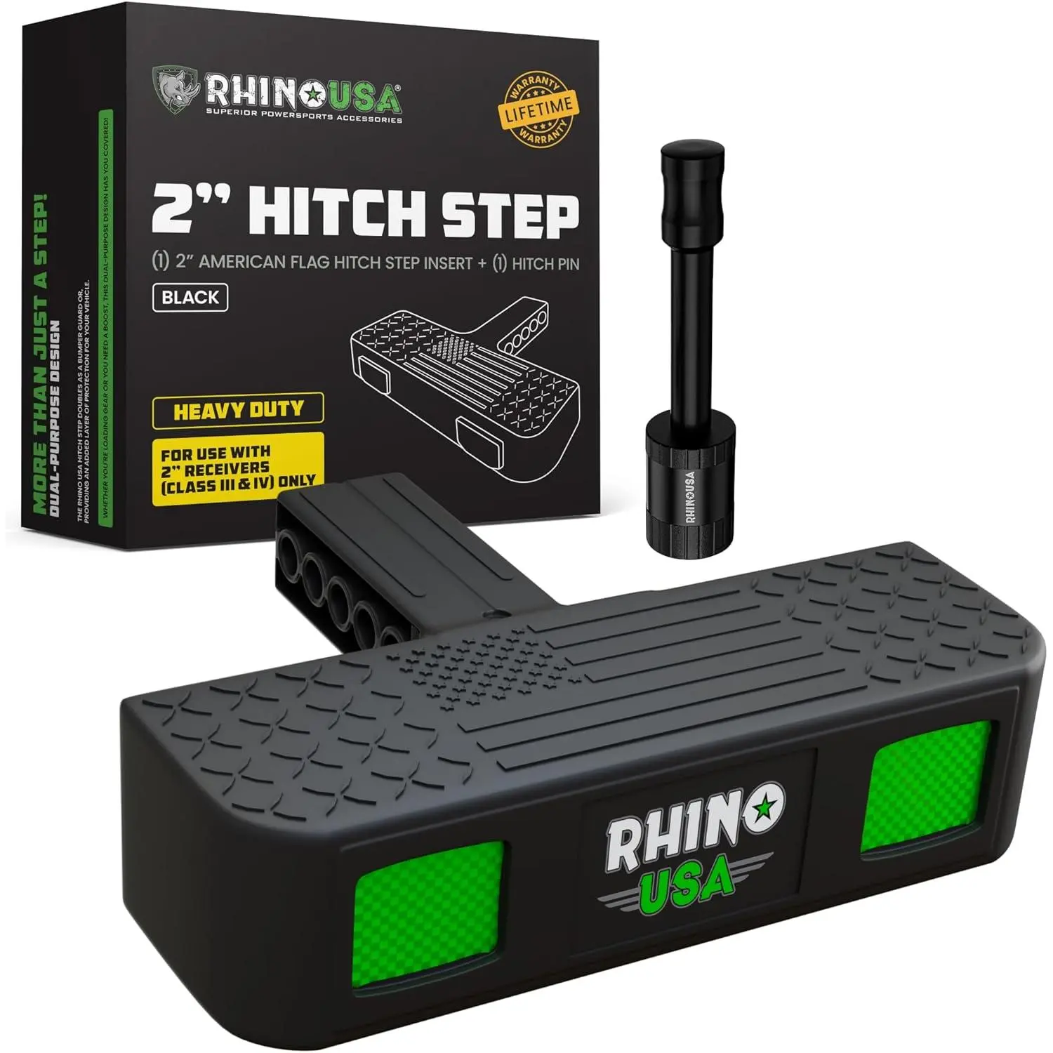 Rhino USA Tow Hitch Step for 2IN Recievers. Anti-Slip Grip, Reflective Material and Bumper Protection - with Locking Trailer Hitch Pin - Black