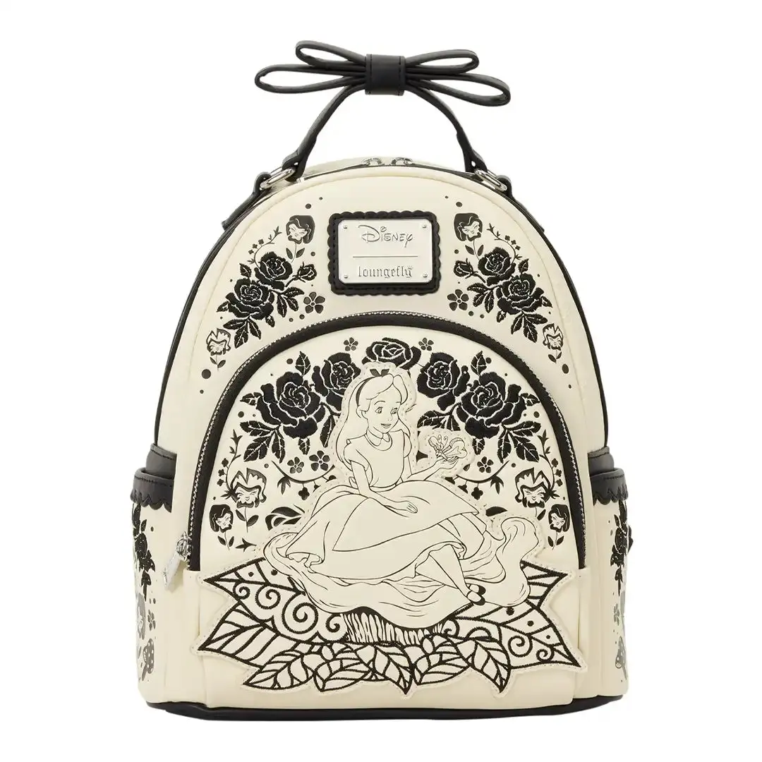 Loungefly Disney Alice in Wonderland Floral Faux Leather Mini Backpack for Women with 3D Bow Handle and Applique, Fantasy, Casual Wear
