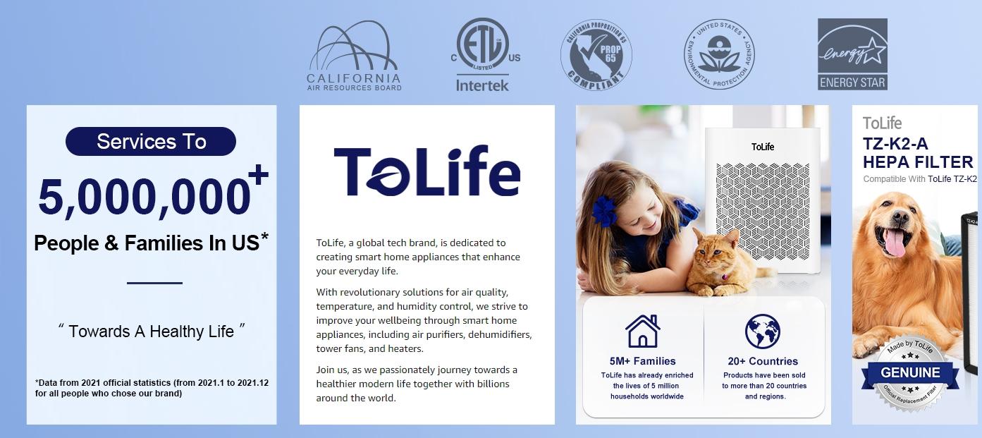 ToLife NEW TZ-K2 Air Purifier for Large Rooms (up to 1095 Ft²). PM 2.5 Display, Auto Mode, Timer, HEPA Filter—removes smoke, pollen, and pet dander!