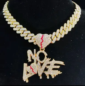 No Love Heart Pendant Necklace with Rhinestones and Gold Color Chain Magnetic