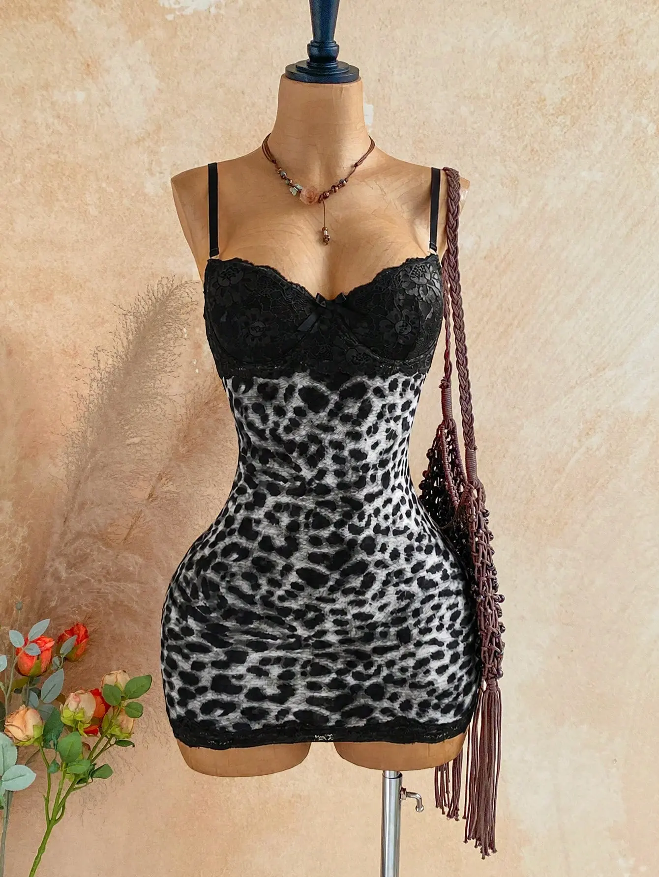 Women's Black And White Leopard Print Mesh Bodycon Mini Dress | Lace Cup Detail Tropical Floral Sleeveless Dress With Sexy Boho Style | Vacation Date Night Club Party Summer Festival Concert Going Out Holiday Outfit For Women