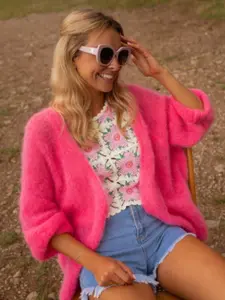 Women's Trendy Open Front Cardigan with Balloon Sleeves & Bright Pink Color Soft Fuzzy Mohair Fabric Coat for Party & Vacation Casual Loose Fit Sweater Knitwear