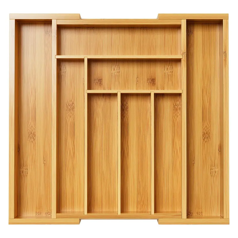 Natural Bamboo Foldable Expandable Rectangle Drawer Organizer Set - Adjustable Cutlery Tray, Wooden Dividers, Kitchen Accessories for Utensils, Silverware, Knives, Durable Storage Solution