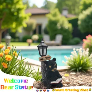 Welcome Bear Statue Garden Decor Light, Resin Bear Figurine with Solar Lantern, Classic Animal Sculpture for Patio Yard Lawn Front Door Porch Outdoor Decoration