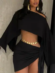 Tw740 Women's Retro Vacation Style Off-Shoulder Top, Stylish Self-Tie Bodycon Mini Skirt Two-Piece Set for Summer