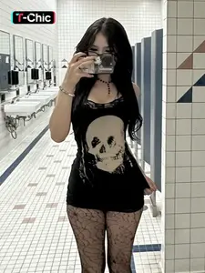 Women's Halloween Themed Skull Print Contrast Lace Spaghetti Strap Fitted Bodycon Cami Knitting Dress, Street Fashion Casual Chic Dress Sleeveless Mini Dress for Party Club Wear, Ladies Clothes for Fall, Casual Elegant Dresses, Womenswear
