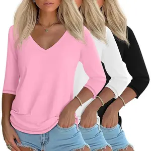 3 Pack Women's 3/4 Sleeve T Shirts, V Neck Cotton Shirts Casual Loose Fit Summer Basic Tunic Tops Solid Trendy Tees