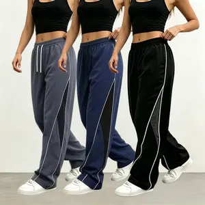 Women’s 3-Pack Polyester Elasticized Fabric Lightweight Stretchy Loose Wide-Leg Sports Pants - Elastic Waist Drawstring, Side Stripes, Colorblock Design, for Spring/Summer, Urban Streetwear, Casual Lounge, Drop Pants, Urban Streetwear Pants