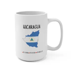 Nicaragua Mi Tierra Mug 15oz - Reusable Ceramic Drinkware with Map Design Featuring National Flag and "I TURRABAN PATRIA POR ORGULO" Text Coffee Tea