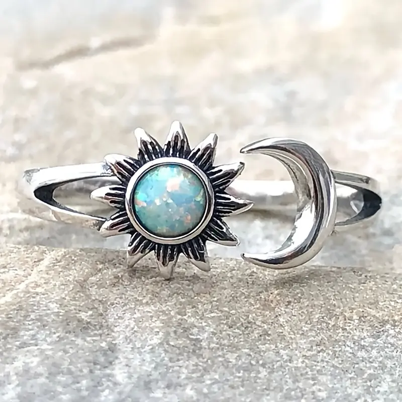 Retro fashion inlaid synthetic pearl gemstone sun and moon ring for women's daily parties and vacations, Bohemian style adjustable ring with opening