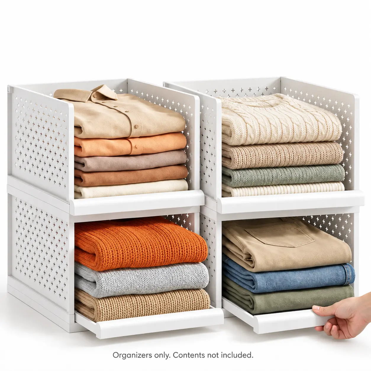 4 Pack Stackable Closet Organizers with Pull-Out Trays, White Storage Baskets for Clothes, Towels, Pantry and Office Supplies