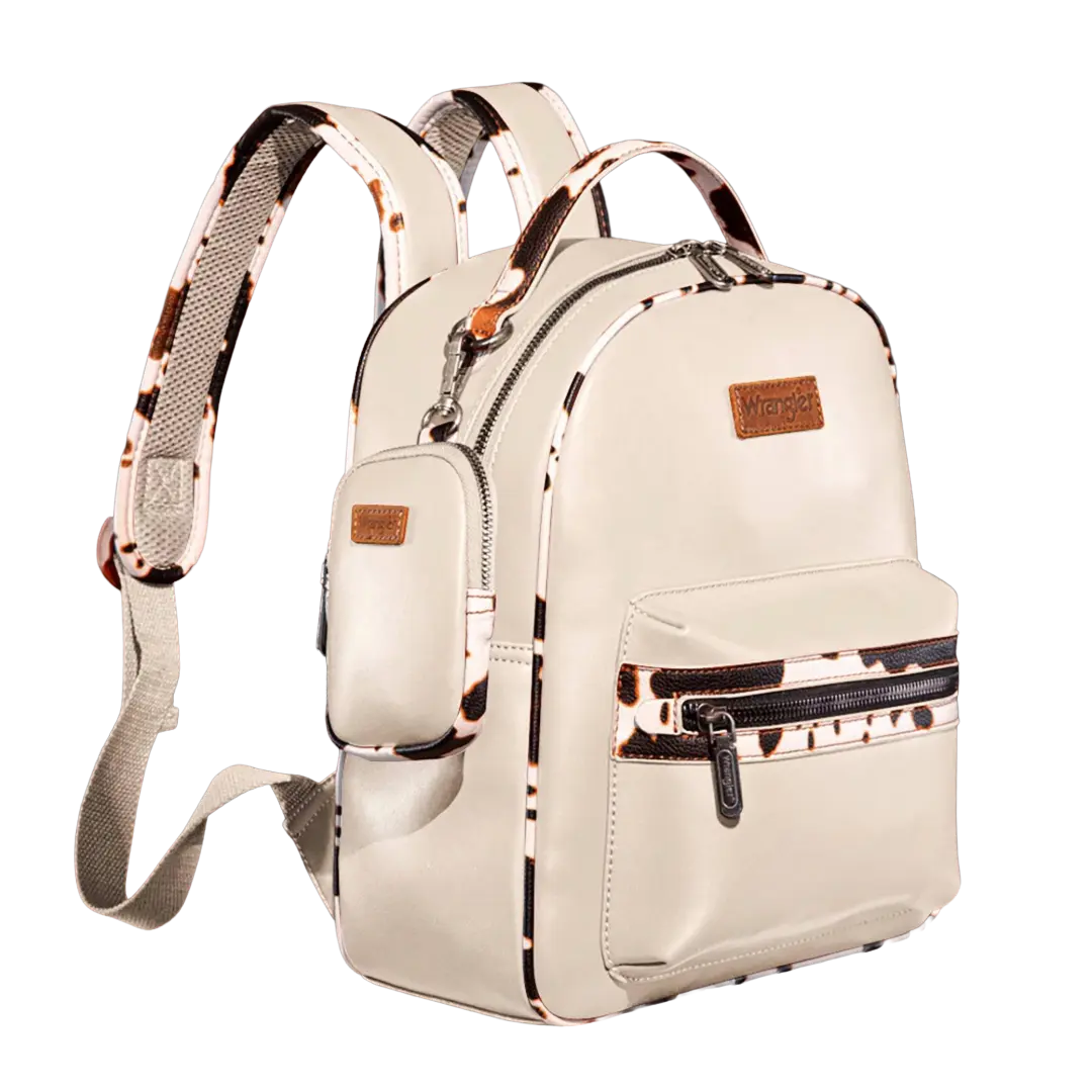 Wrangler Women's Tan Cow All Over Print Fashion Backpack, Model WG102-8603TN, with Zippered Pockets, Coin Pouch, Backpacks for Women