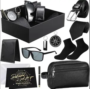Men Birthdays Gift Set with Box for Men Gift Basket PU Leather Wallet Leather Toiletry Bag Tie Socks Belt Keychain Sunglasses Pen Compass Set