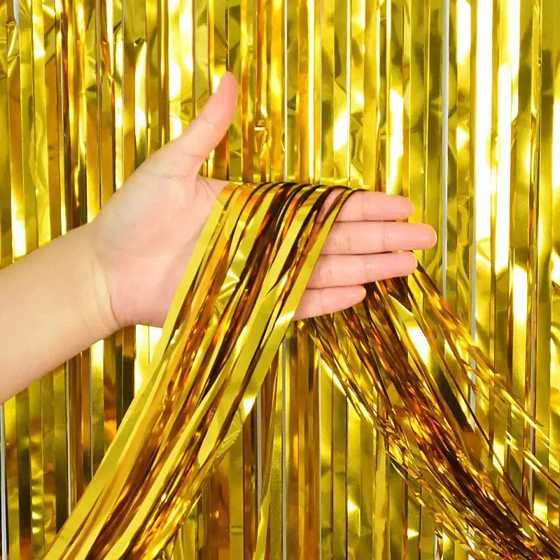 Glamorous Gold Metallic Fringe Tinsel Fabric Curtain Backdrop - Classic Home Supply, Wedding Party Decoration, Birthday Event Accessory, Wedding Party Backdrop, Adhesive Strip