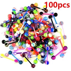 D.bella Unisex 14G Tongue Rings 50PCs/set Random Color Tongue Rings 16mm Plastic Ring Nipple Rings Tongue Piercing