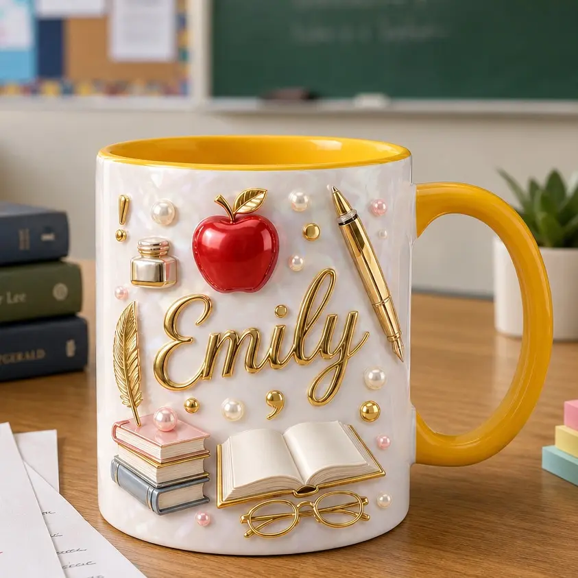 Personalized Teacher Mug 2D Printed 3D Effect, Custom Name Ceramic Coffee Cup with Apple, Books, Pen and Glasses Design, Gift for Teacher Women