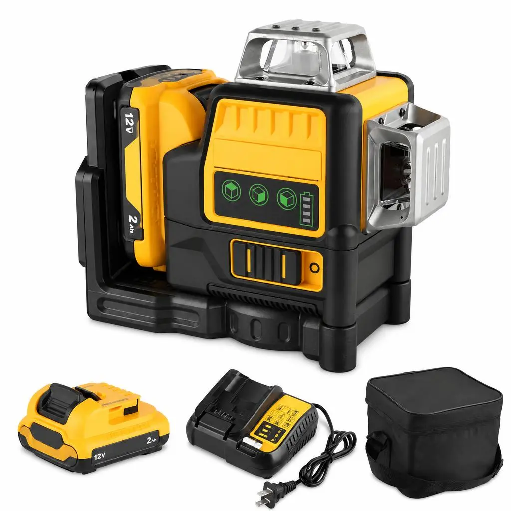 3x360° Green Laser Level Self Leveling, 3D Cross Line Laser Level Tool with 12V Battery & Charger, Rotary Laser Level for Construction, Tile, Ceiling, Wall Installation