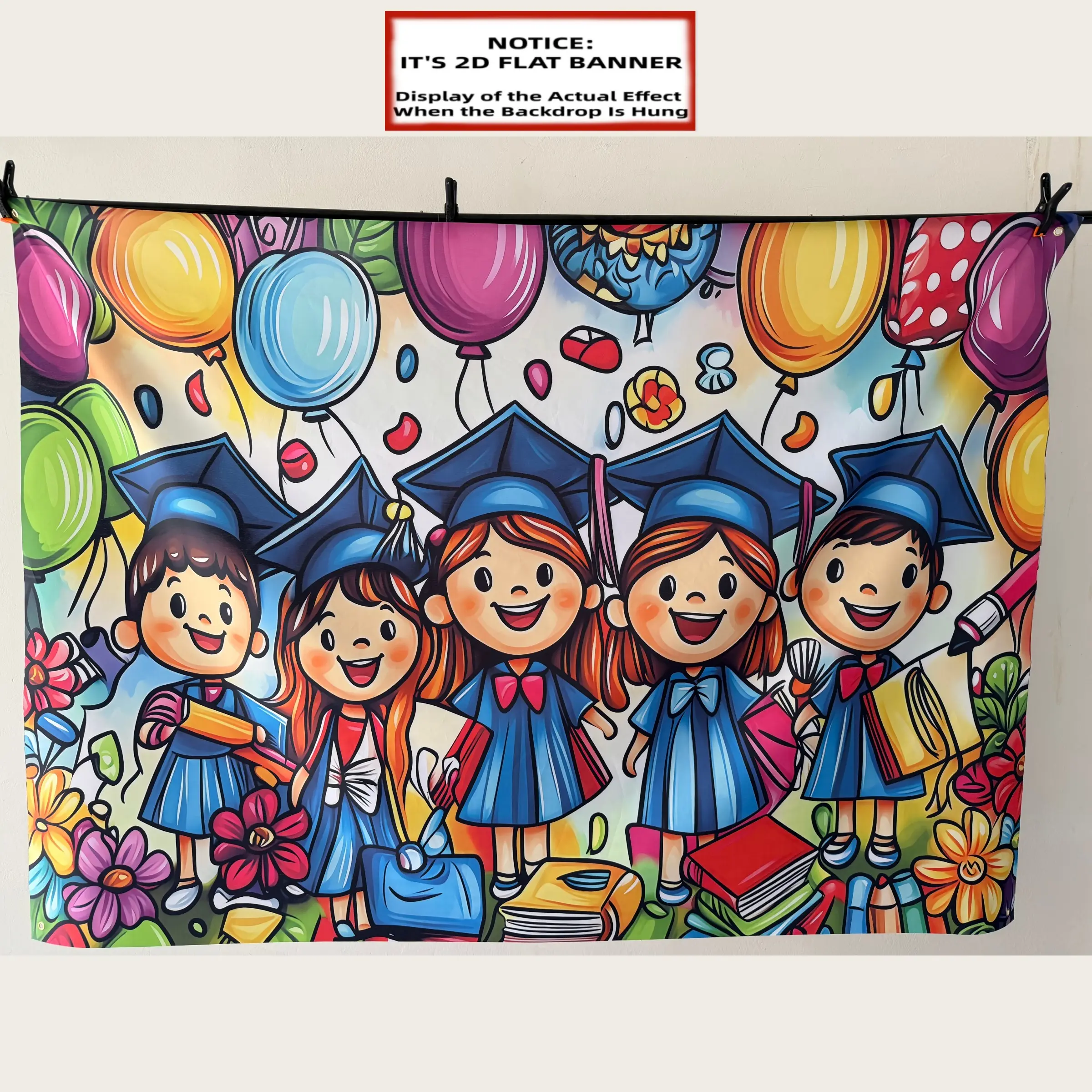 2D Flat Banner, 1pc Kindergarten Graduation Celebration Backdrop - Vivid Decoration with Balloons, Flowers, and Happy Students Wearing Hats - Ideal for Home, Party, and Studio Props, Holiday Party Background | Pleasant Design | Durable
