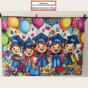 2D Flat Banner, 1pc Kindergarten Graduation Celebration Backdrop - Vivid Decoration with Balloons, Flowers, and Happy Students Wearing Hats - Ideal for Home, Party, and Studio Props, Holiday Party Background | Pleasant Design | Durable
