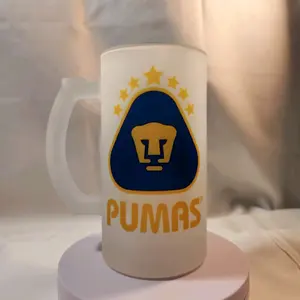 Tarro Puma 16 oz Frosted Glass Drinkware - Featuring "PUMAS" Design and Decorative Elements