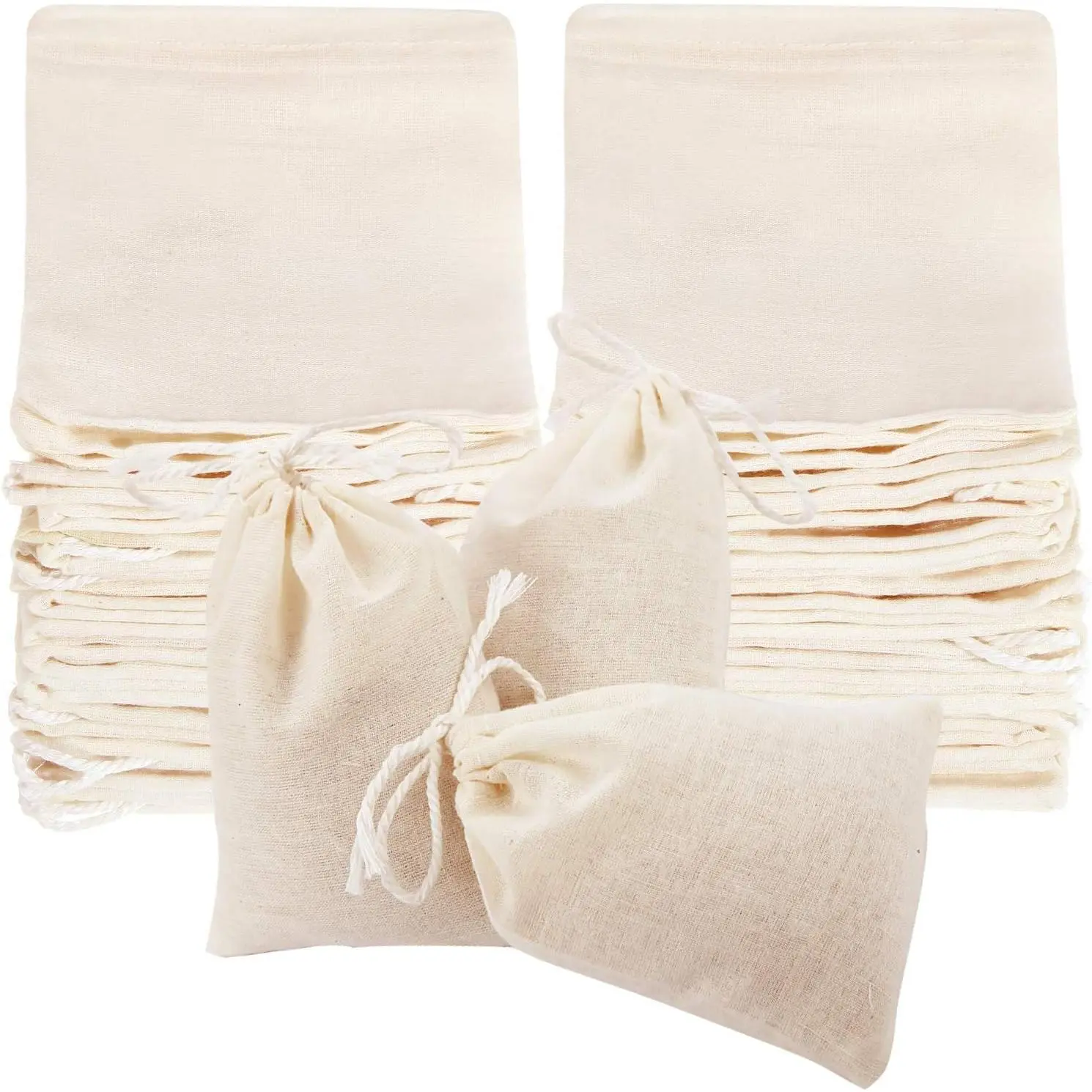 50 Reusable Muslin Cheese Cloth Tea Bags, 4x3 in Lightweight Fine Mesh Drawstring Top Tea Strainer for Daily Use Bags, Cooking Soup Spice Straining & Cold Brew Coffee