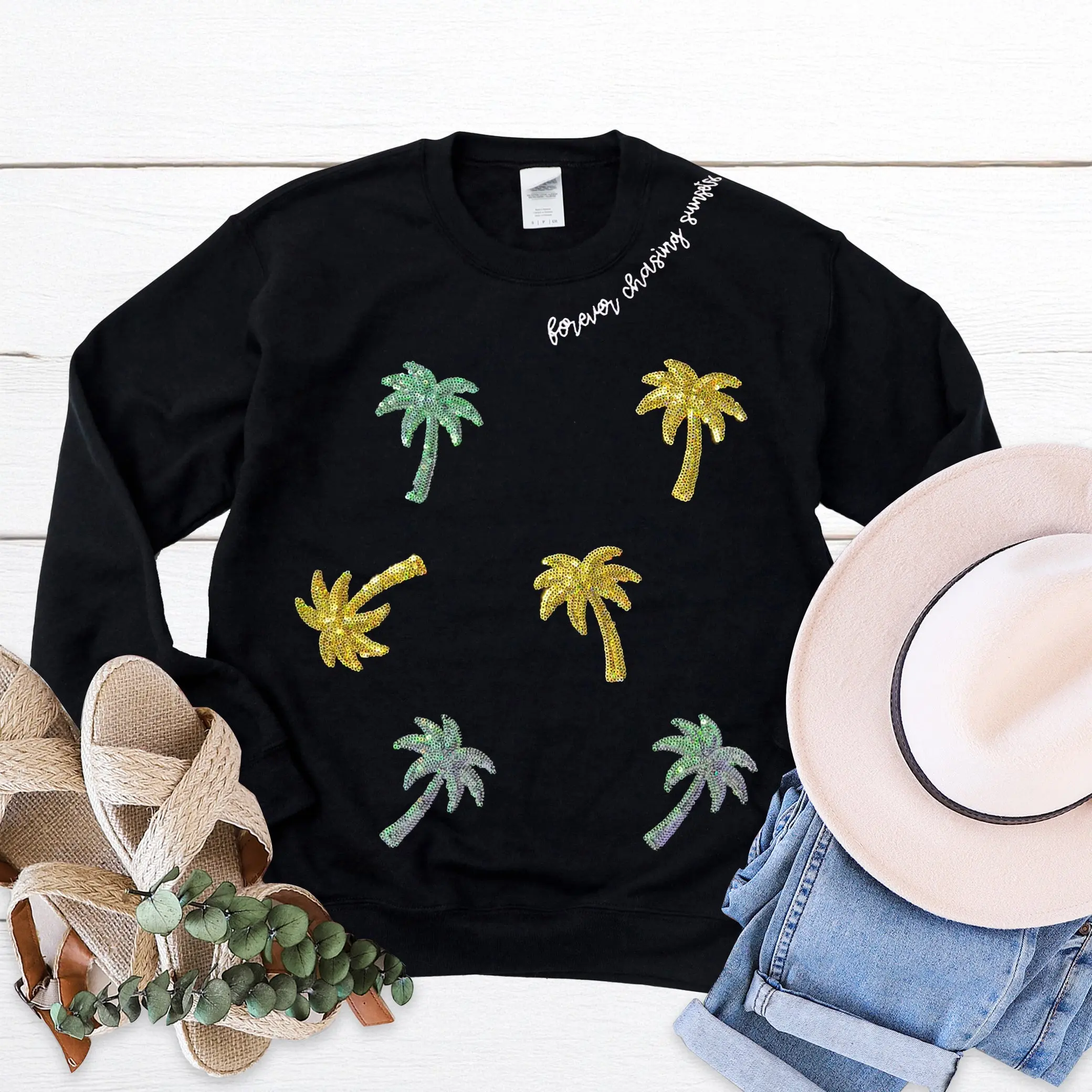 Embellished Forever Chasing Sunsets Crewneck Sweatshirt - Black