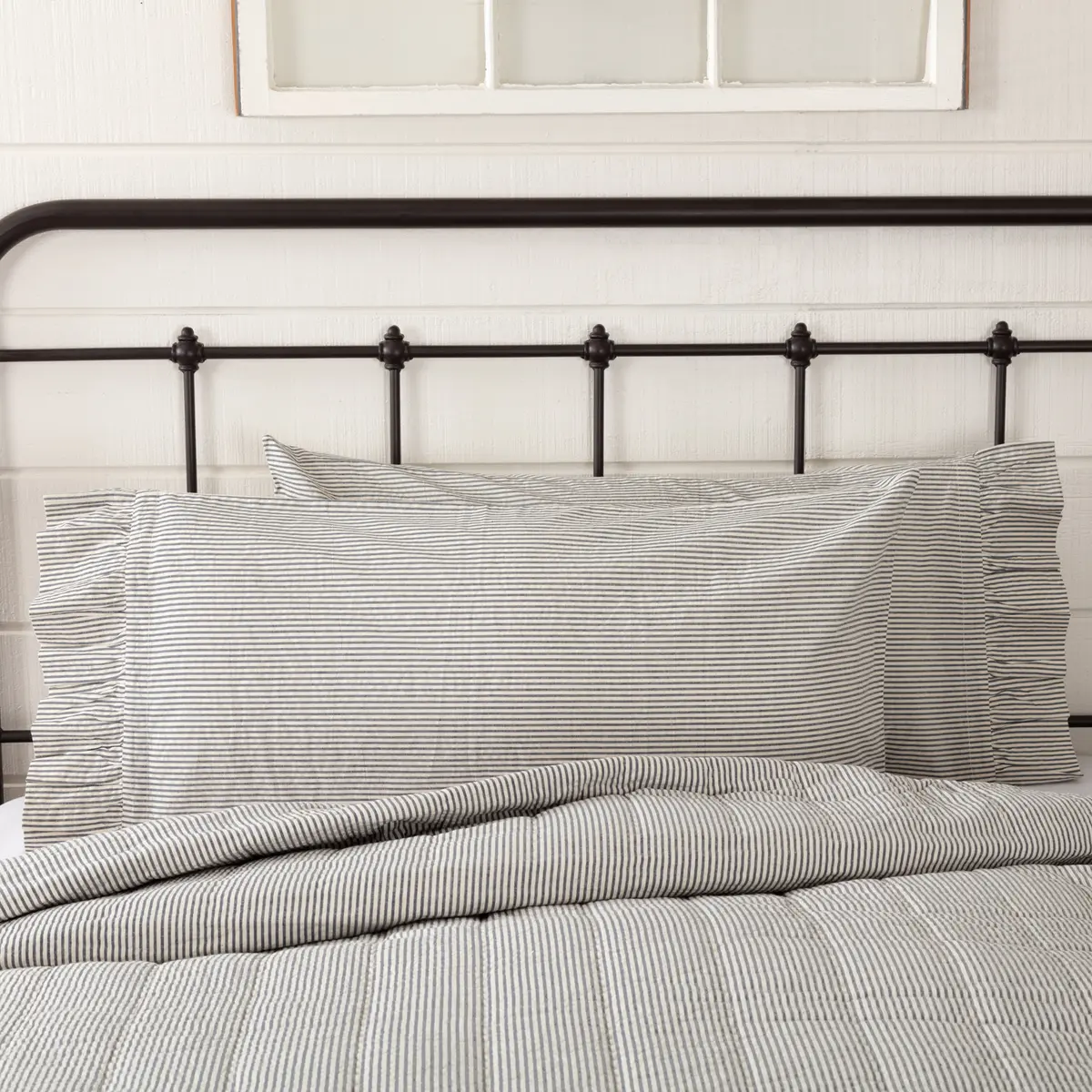 Americana Seersucker Blue Ticking Stripe Pillow Cases