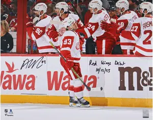 Alex DeBrincat Detroit Red Wings Autographed 16" x 20" Red Wings Debut Photograph with "Red Wings Debut 10-12-23" Inscription - Fanatics Authentic Certified