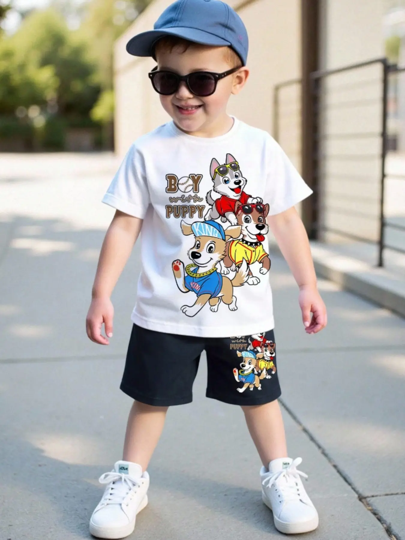 Boys Summer Cartoon Graphic Print Set, Husky Boy Clothes, Colorblock Dog Print Short Sleeve Shorts, Casual Fitted All Seasons Wear, Summer Clothing Set