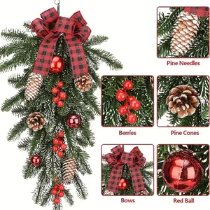 [Customer Favorite] 21.6" Classic Christmas Teardrop Swag with Artificial Pine Cones & Red Berries - Perfect for Door, Wall, or Window Decor Ornaments Decoration Ornaments Decoration