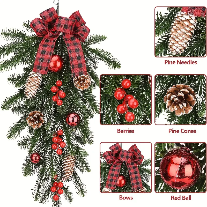 [Customer Favorite] 21.6" Classic Christmas Teardrop Swag with Artificial Pine Cones & Red Berries - Perfect for Door, Wall, or Window Decor Ornaments Decoration Ornaments Decoration
