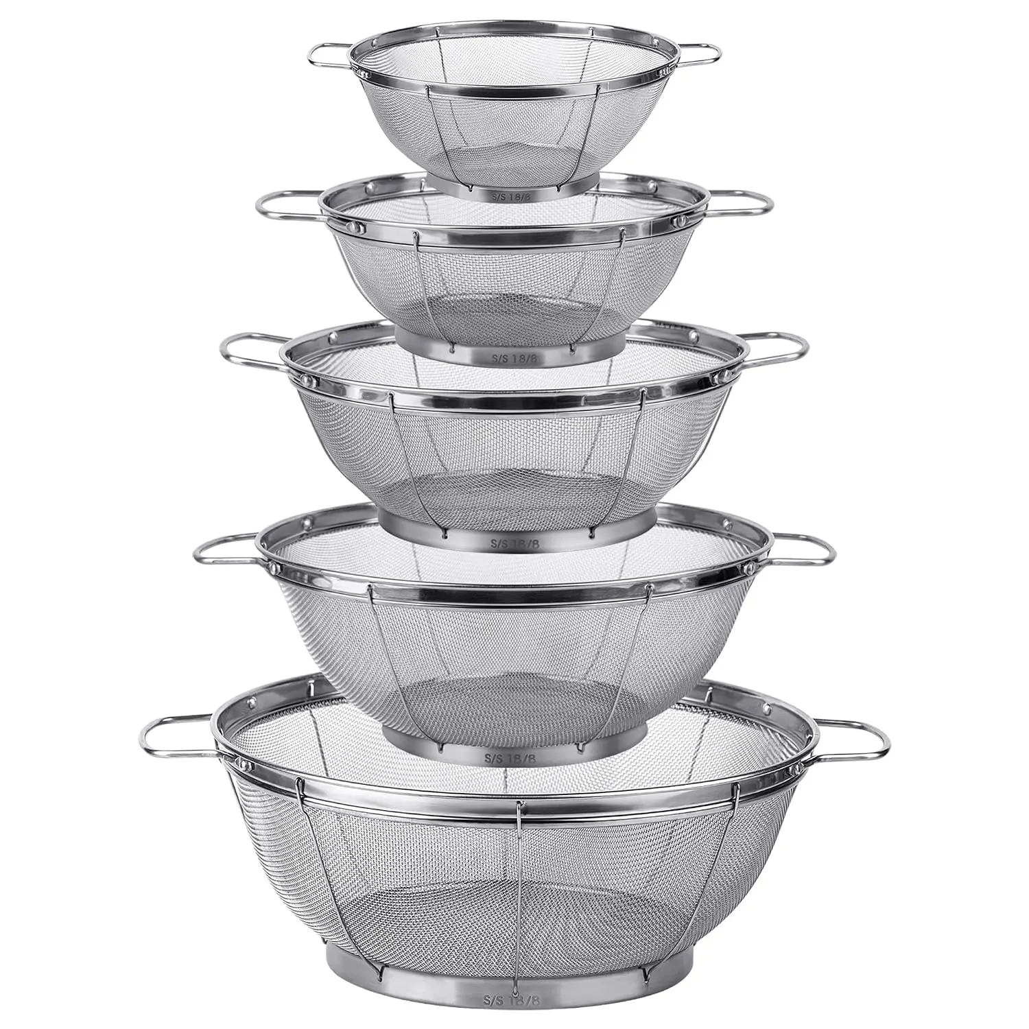 5 Pack 18/8 Stainless Steel Colander Sieves, Multi Size Mesh Strainer Net Baskets With Handles & Resting Base For Strain, Drain, Rinse Or Steam