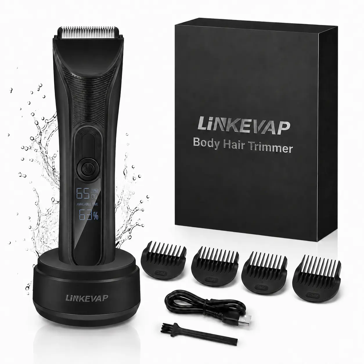 LINKEVAP Men’s Body Hair Trimmer - Cordless Groin Groomer with Ceramic Blade, Waterproof Electric Shaver, LED Display, 4 Guide Combs, Rechargeable Design