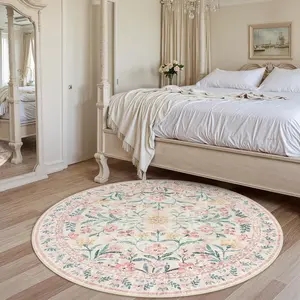 Vintage Round Bohemian Floral Print Carpet, High-End Luxury Fleece Rug, Boho Style Rug, Bohemian Area Rug, Foldable Anti-Slip Easy Clean Home Decor for Living Room Bedroom Sofa Coffee Table