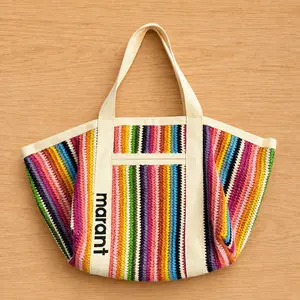 Rainbow Straw Tote Bag for Women, Woven Beach Bag, Large Summer Shoulder Handbag, Colorful Striped Vacation Travel Shopping Tote